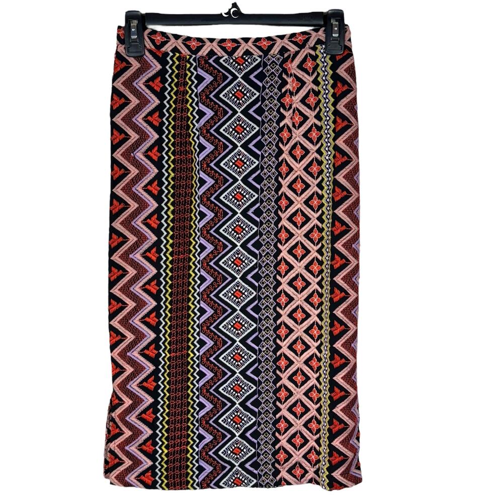 Vanessa Virginia Anthropologie SZ 0 Pencil Skirt Embroidered Lined Rear Zip Slit